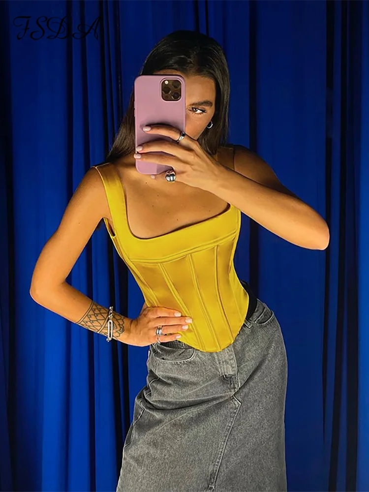 FSDA Satin Corset Crop Top Women Green Y2K Sleeveless 2022 Black Backless Bustier Cami Summer Sexy Party Tube Tank Tops Club
