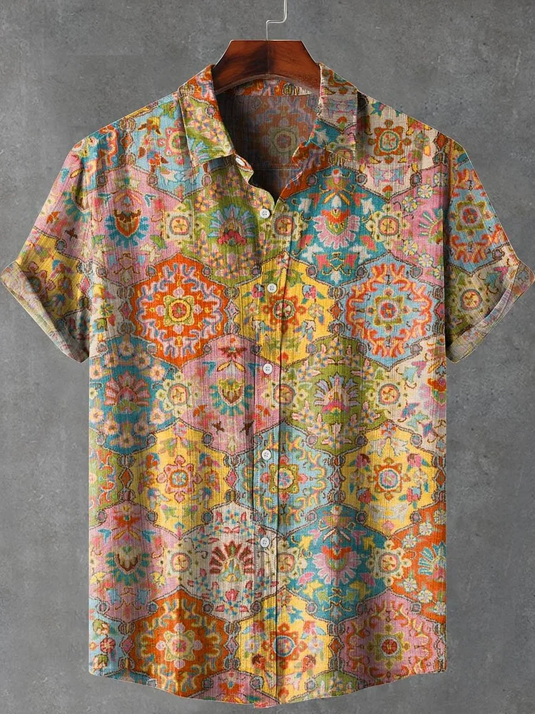Vintage Ethnic Floral Art Print Casual 100% Cotton Shirt