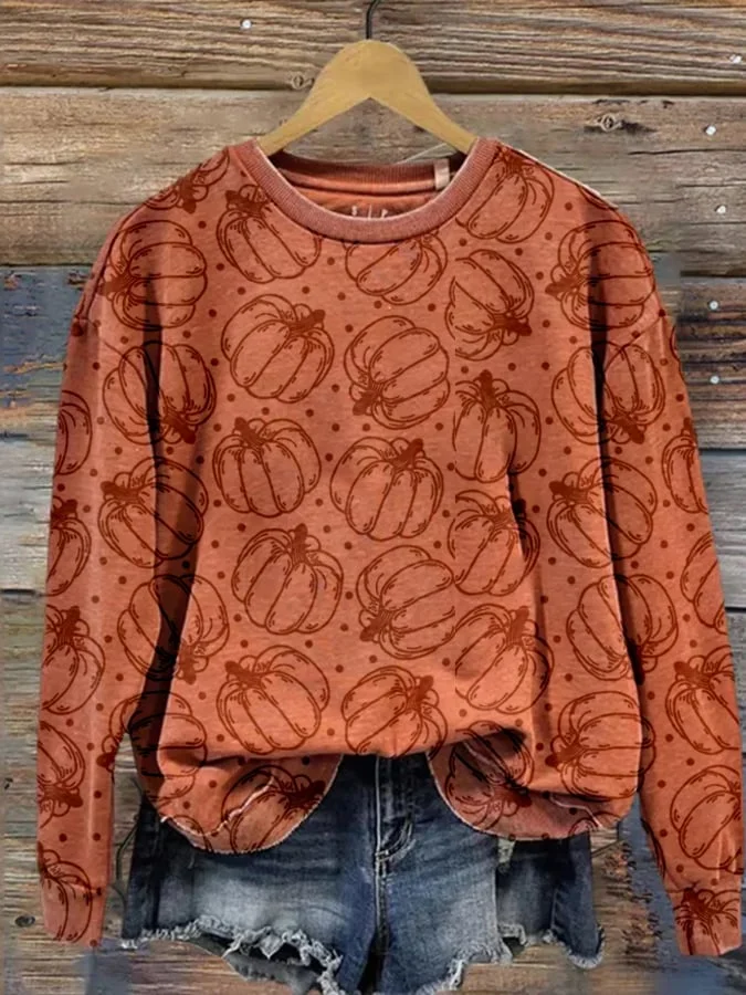 Vintage Pumpkin Print Long Sleeve Sweatshirt
