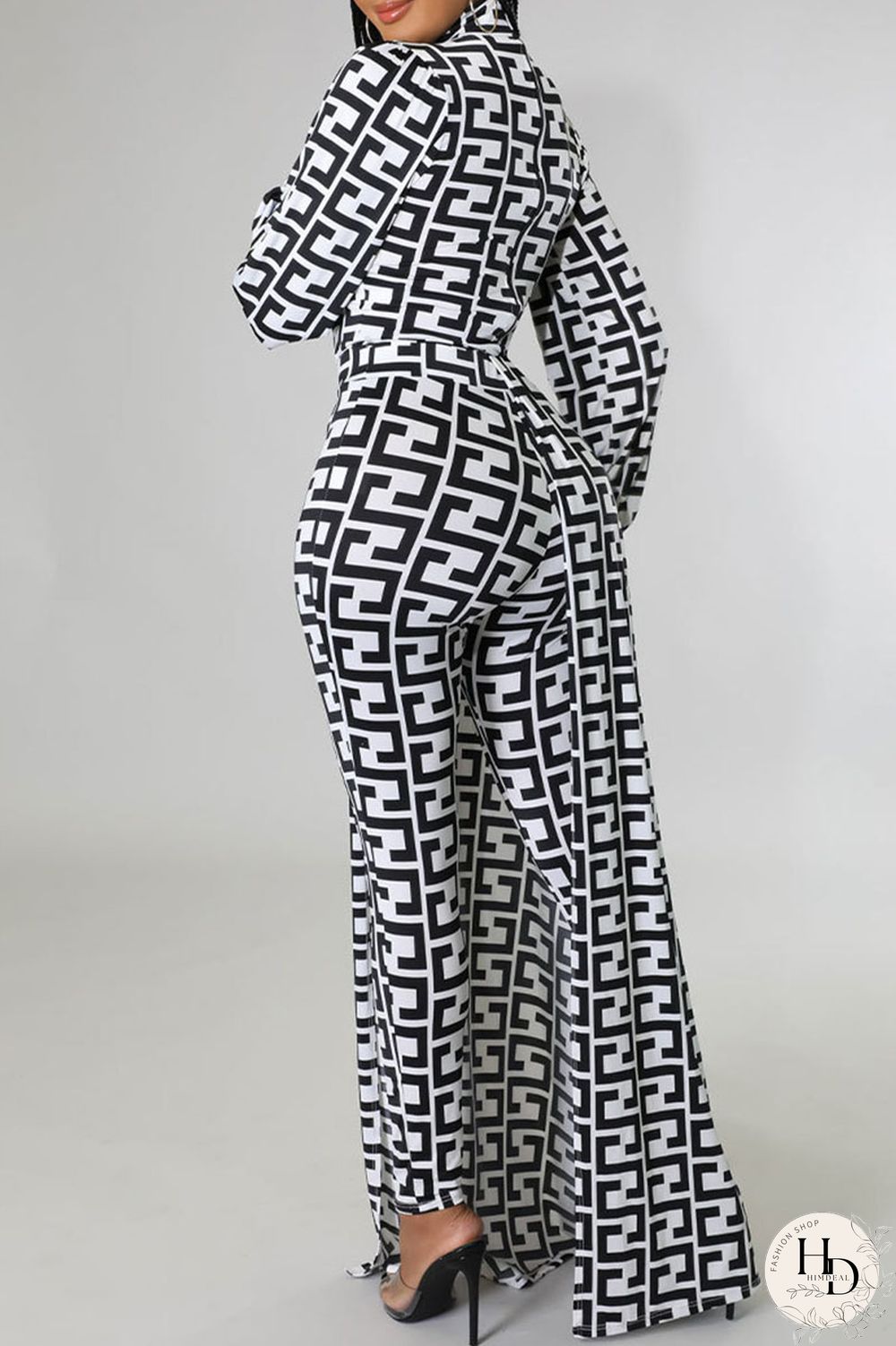 Black And White Casual Print Asymmetrical Half A Turtleneck Long Sleeve Two Pieces
