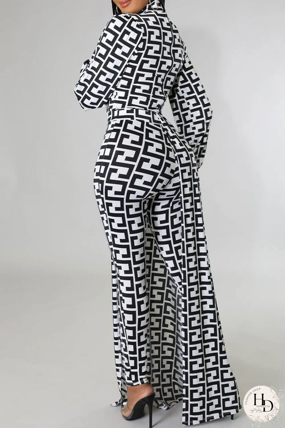 Black And White Casual Print Asymmetrical Half A Turtleneck Long Sleeve Two Pieces