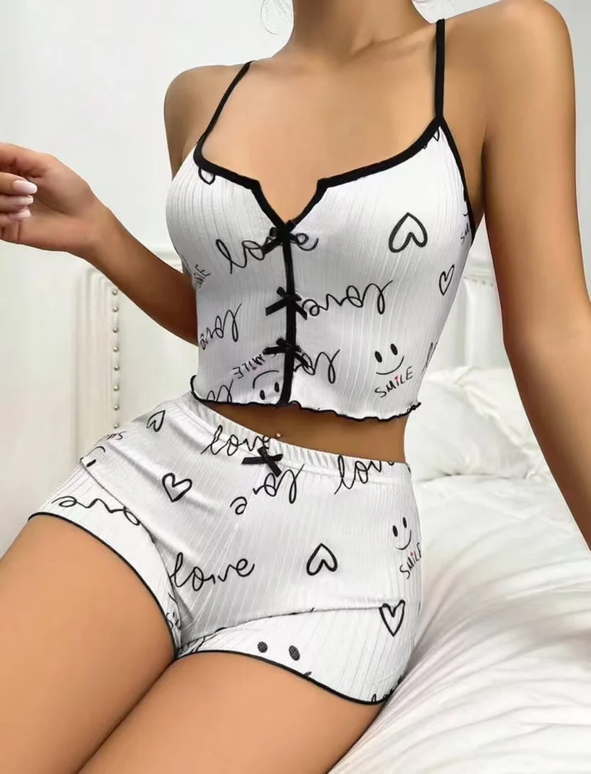 Uveng 2025 New Heart-Shaped Print Bump Color Home Clothes Front Laming Fork With Pajamas Set