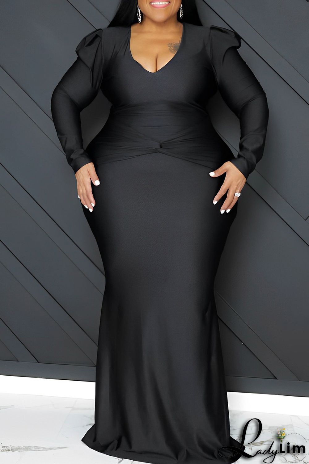 Orange Casual Solid Patchwork V Neck Long Sleeve Plus Size Dresses