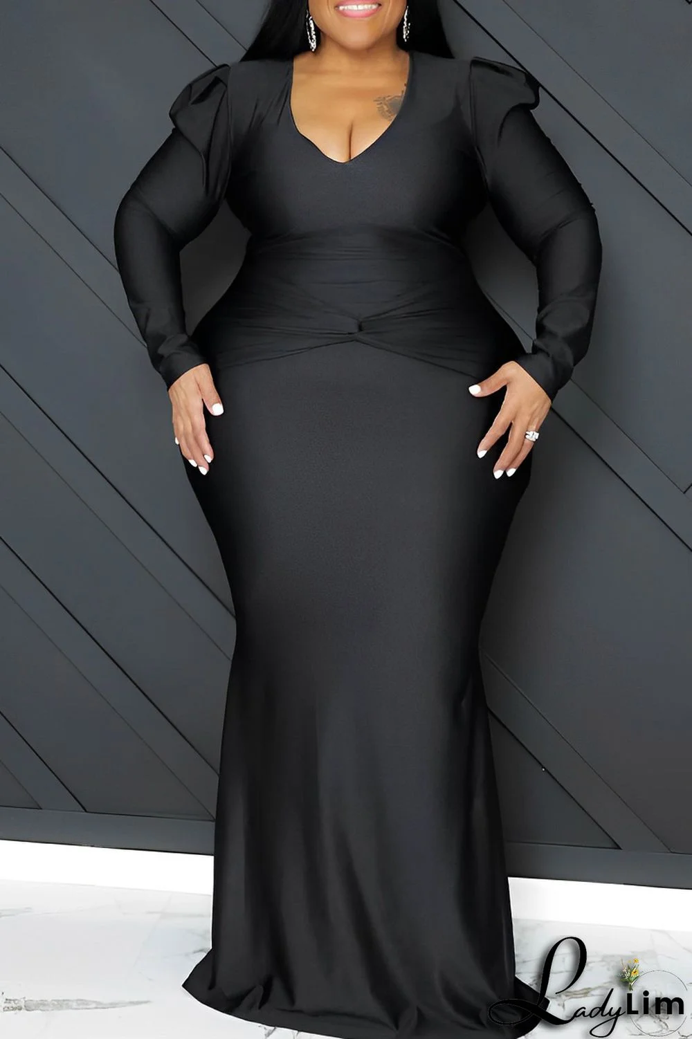 Orange Casual Solid Patchwork V Neck Long Sleeve Plus Size Dresses