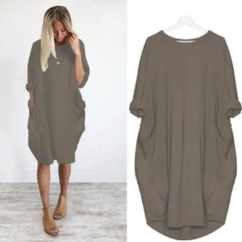 Autumn Solid Color Dress Women 2021 Fahsion Pocket O Neck Long Sleeve Loose Vintage Dresses Female Plus Size Casual Midi Dress