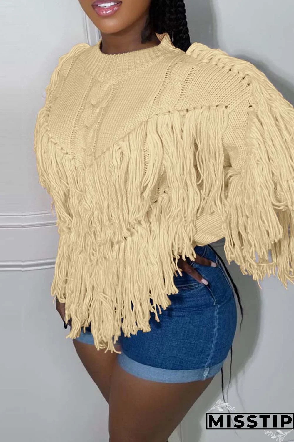 Black Casual Solid Tassel O Neck Tops