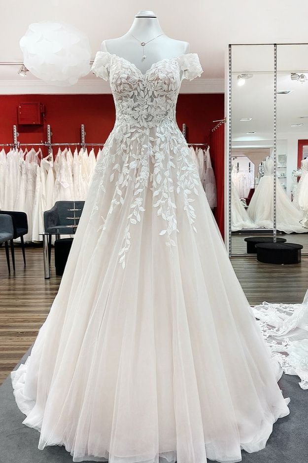 Bellasprom Brilliant Long Wedding Dress With Tulle Lace Ruffles Off-the-shoulder