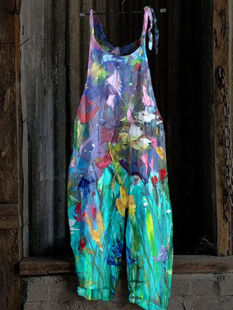 Daily Oil Painting Floral Print Loose Wide Leg Jumpsuit