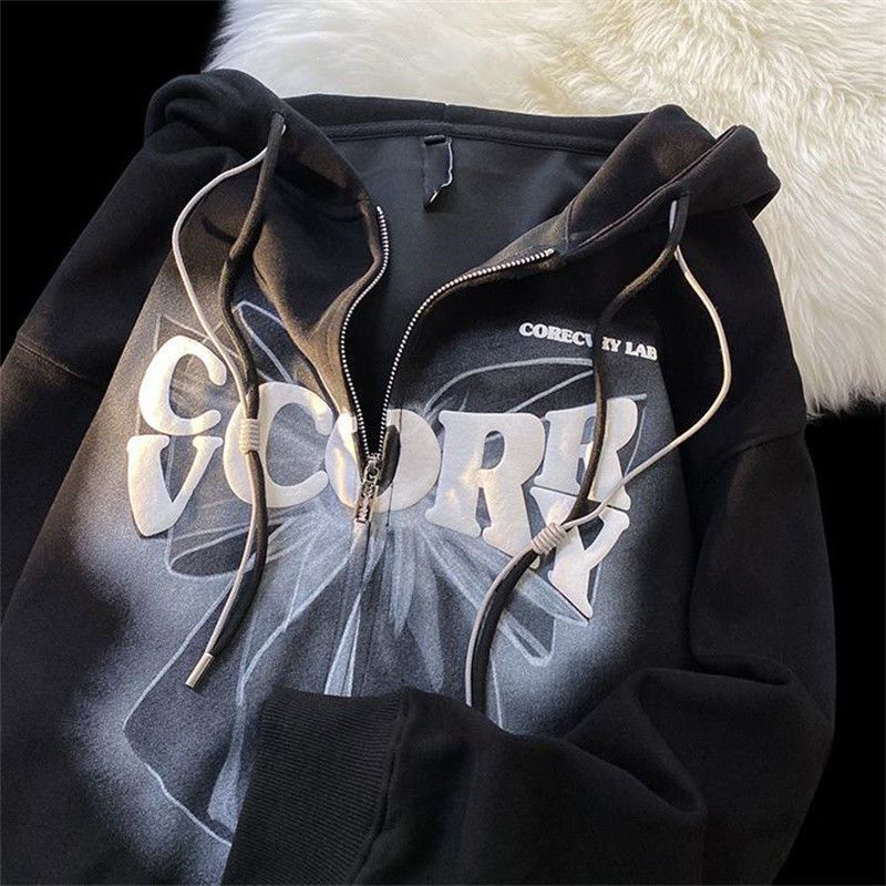 Hip Hop Oversized Zip Hoodie – Grunge Graphic Print Sweatshirt für Frauen  