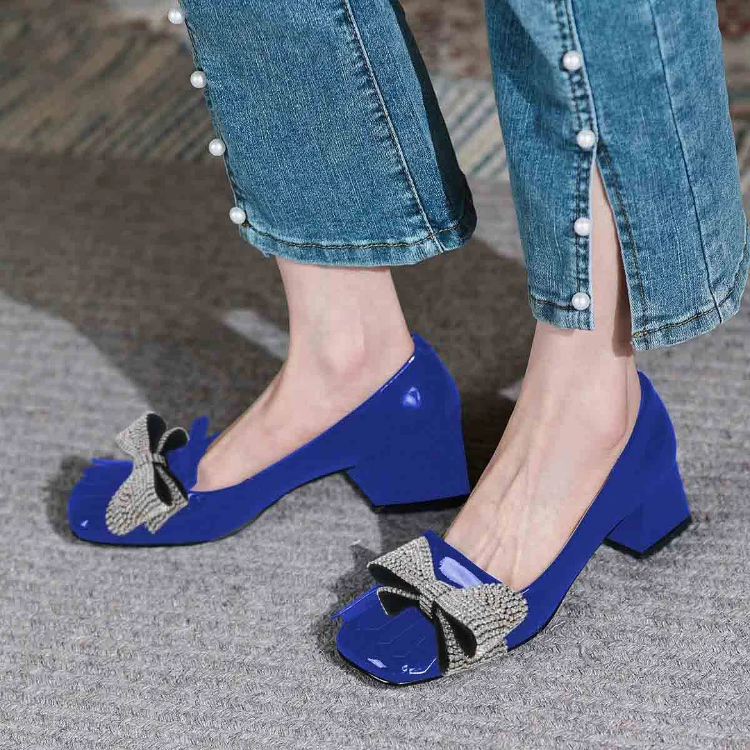 YDN Shiny Blue Rhinestone Bow Square Toe Fringe Low Heel Pumps