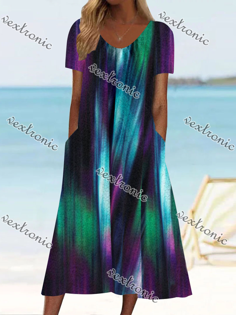 Women's Colorful Scoop Neck Short Sleeve Graphic Midi Dress
