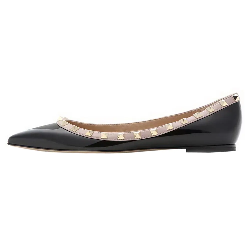 Pointed Toe Flats For Women Fashion Rivets Comfort Ballet Flats Black Shoes-vocosishoes