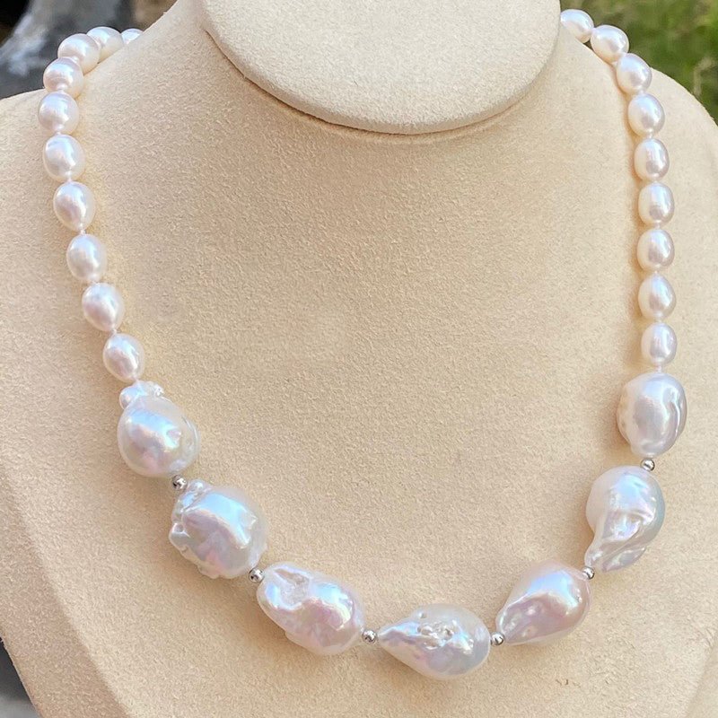 French elegance baroque shaped freshwater pearl choker collarbone chain necklace - white pinkish aurora borealis baroque pearl