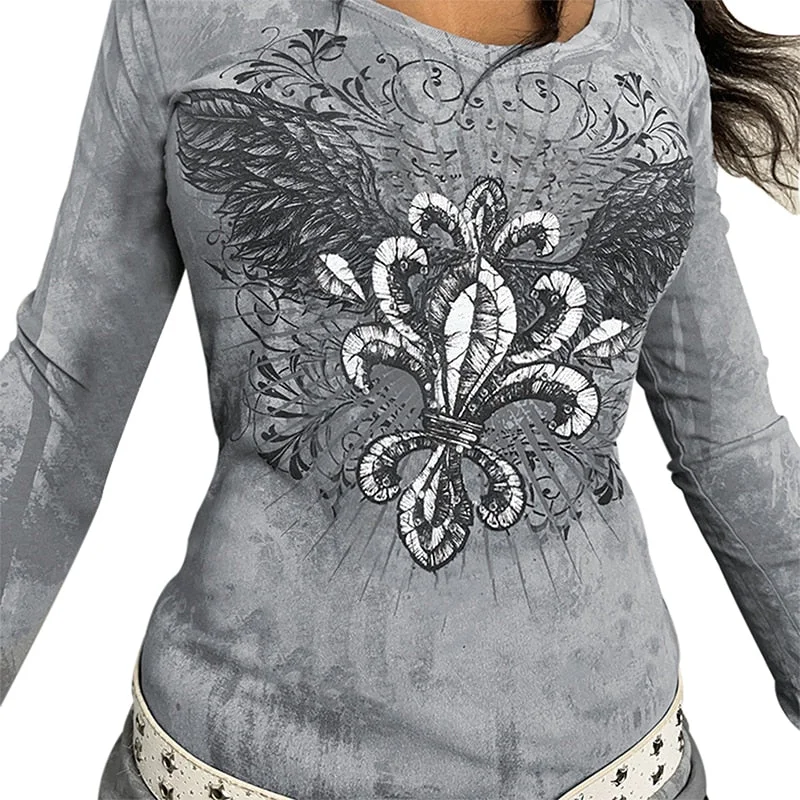 Xingqing Rhinestone Crop Tops Graphic Print Y2K Grunge Clothes Aesthetic Fairycore Retro Tee Vintage Harajuku Cute Tshirts