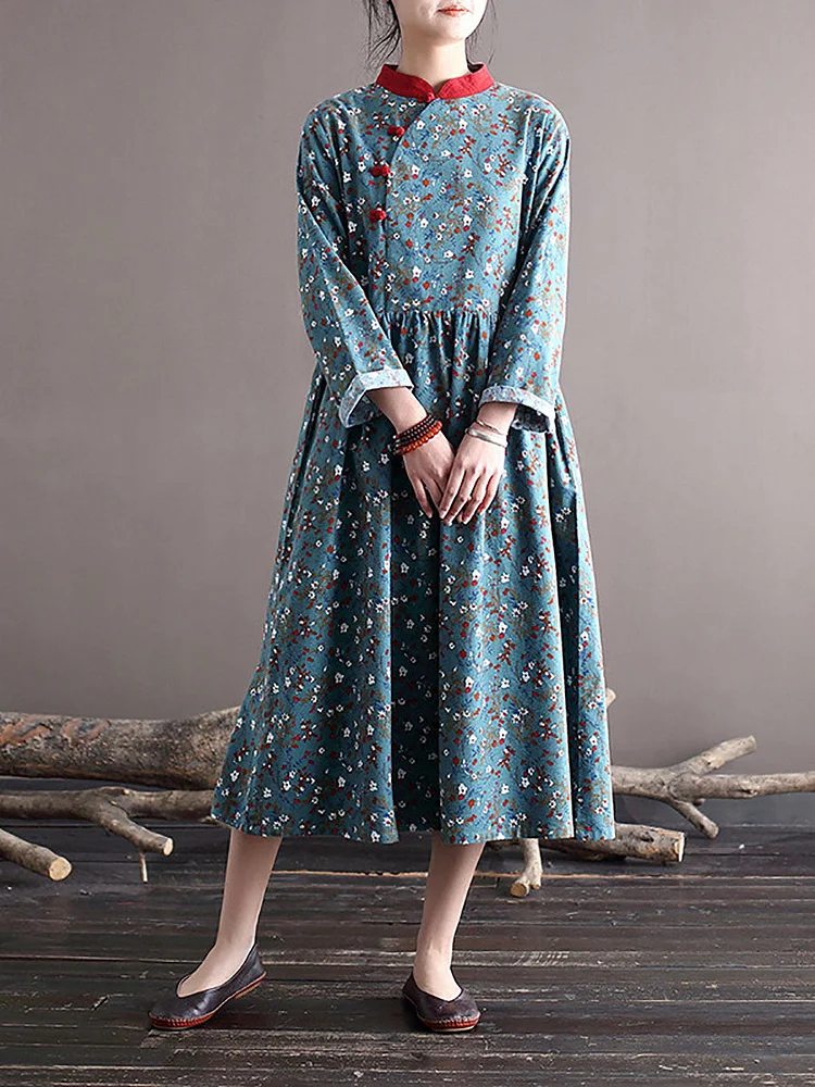 Women Spring National Style Floral Frog Loose Dress