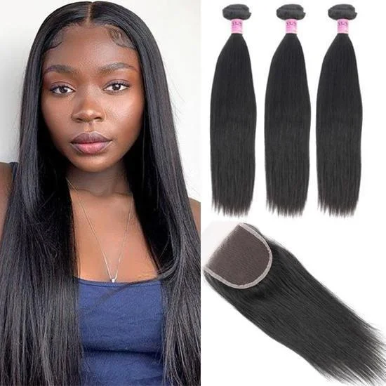 Free Shipping YVONNE Brazilian Straight 3 Bundles With 4x4 Lace Closure Brazilian Virgin Hair