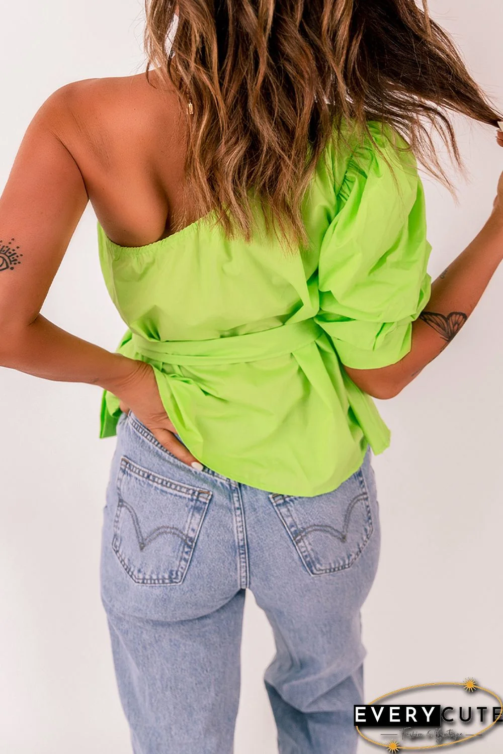 Lace-up Puff Sleeve One Shoulder Blouse