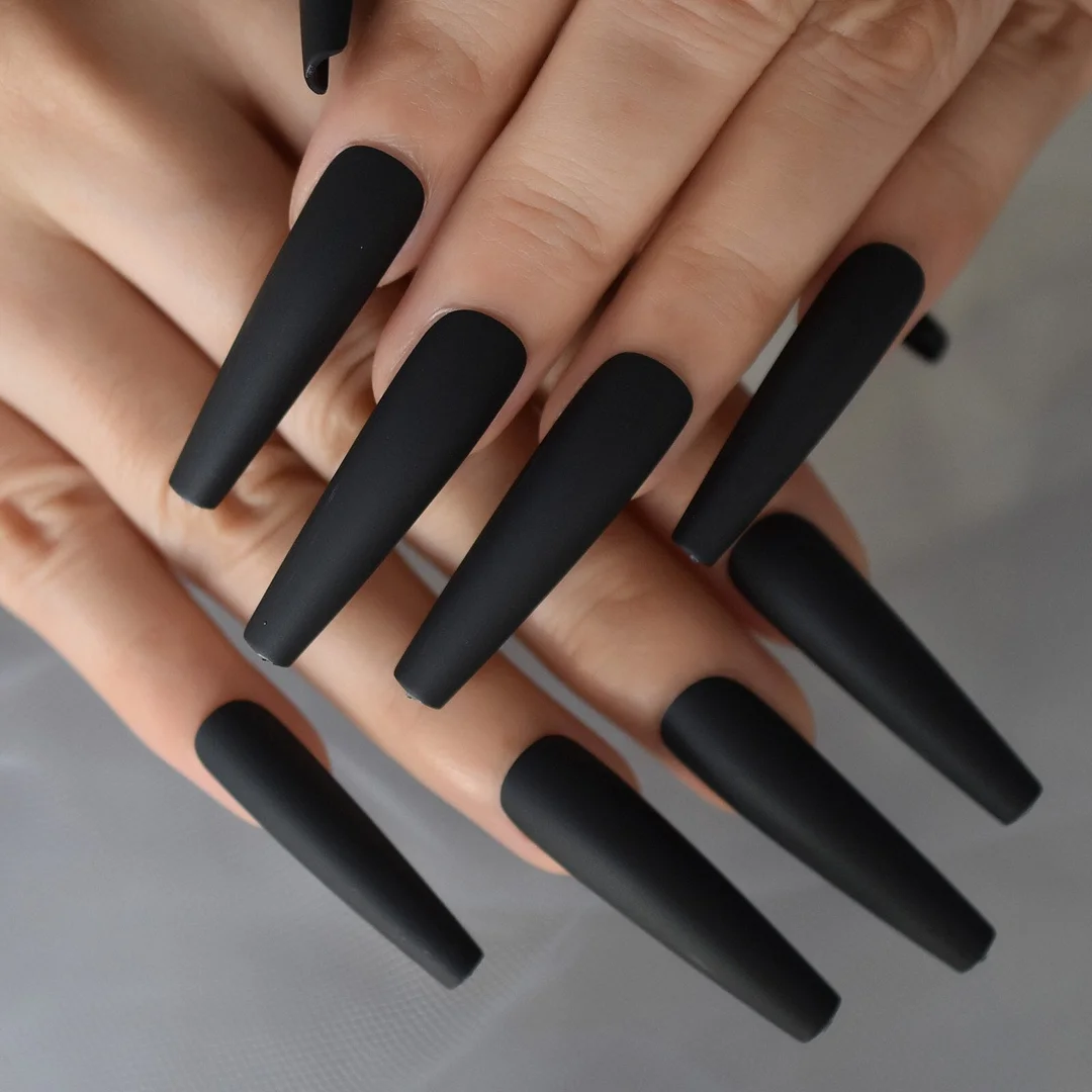 Extremely Long Coffin Press On Nails Beige Black French False Nail Tips Full Cover Glossy Ballerina Fake Finger Nails Manicure-Nail Inspo