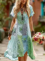 Women's Retro Floral Splicing Cotton And Linen Long Dress - Image 4
