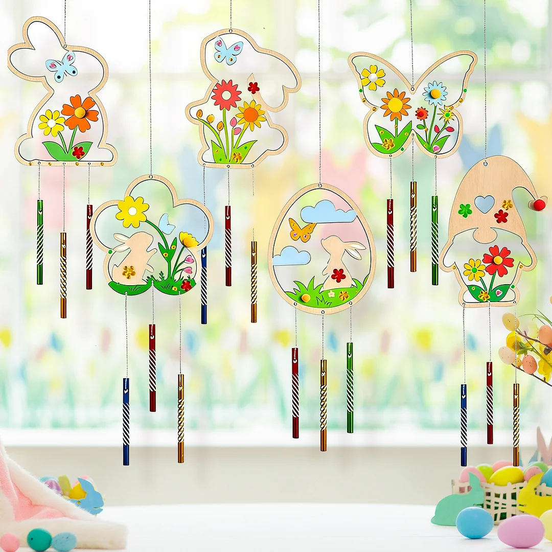 Easter Wind Chime Making Kit Diamond Painting Hanging Pendant Make Your Own 5D DIY Diamond Painting Dots Pendant Wooden Ornaments for Garden Window Decoration