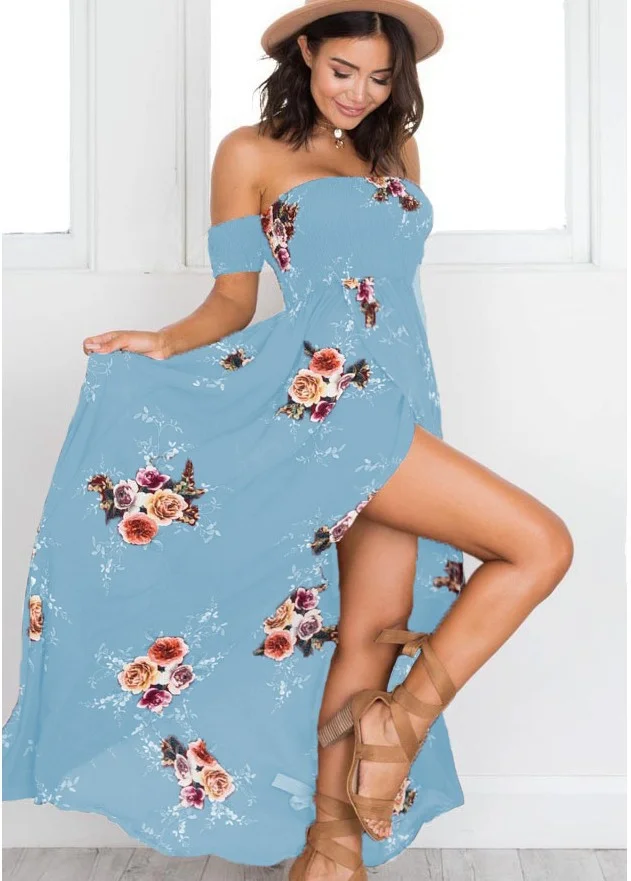 S-5XL Boho Style Womens Sexy Off Shoulder Floral Print Dress Summer Beach Maxi Dresses
