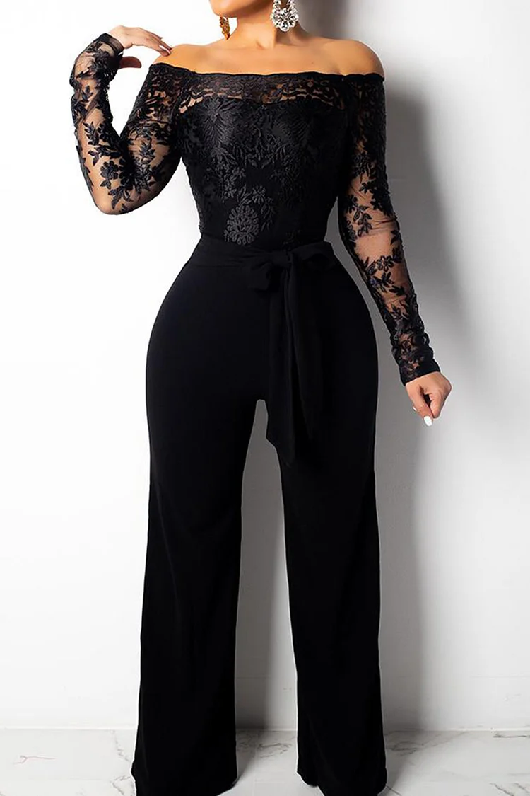 Xpluswear Plus Size Off The Shoulder Mesh Lace Long Sleeve Black Jumpsuit