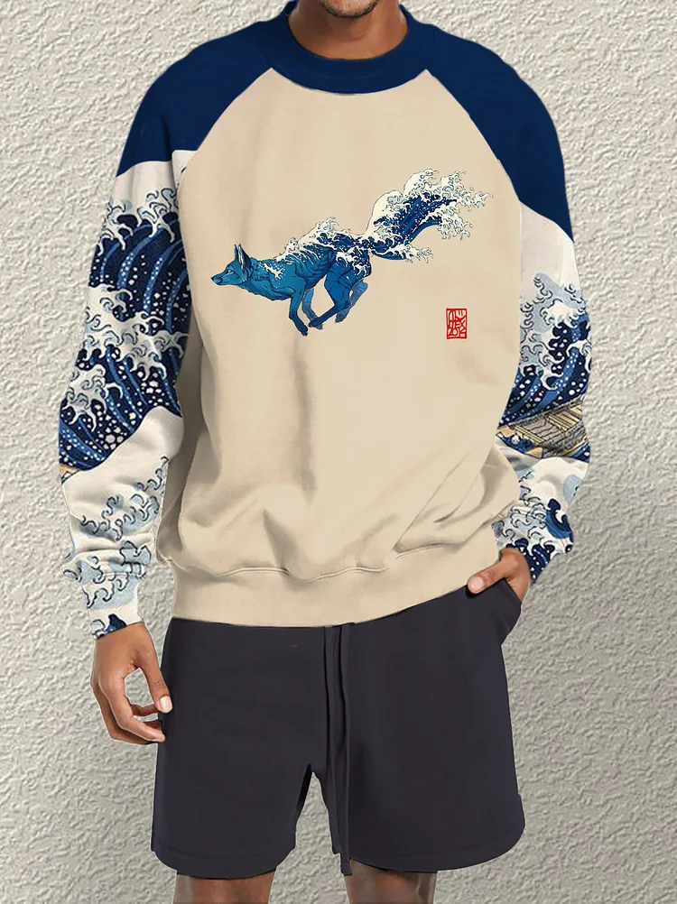 Men's Fox And Sea Wave Japanese Art Print Raglan Sweatshirt