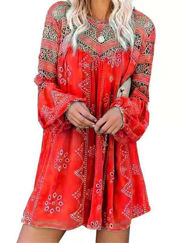 Women's Puff Sleeve Scoop Neck Lace Hollow Midi Dress