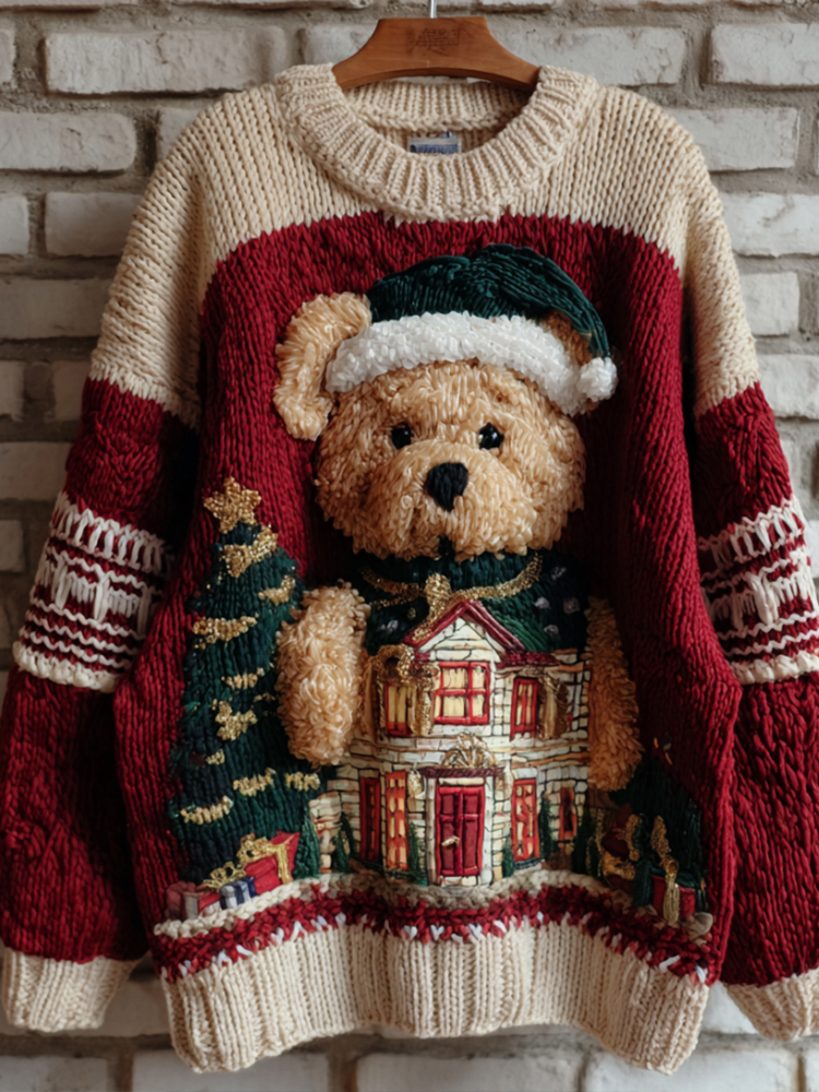 Christmas House And Teddy Bear Embroidered Round Neck Sweater elevenforest