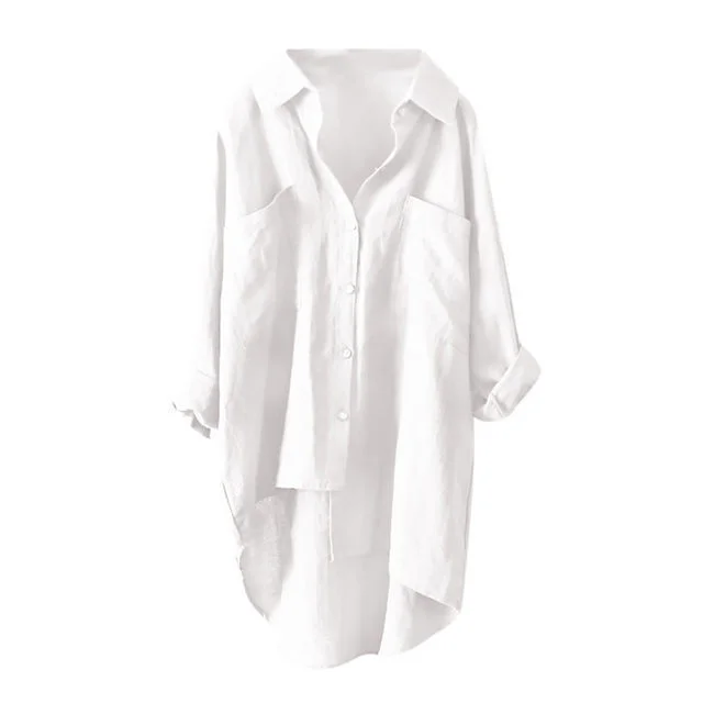 Mongw Mongw Women's Casual Wind Solid Color Shirt Autumn Cotton And Linen Cardigan Double Pocket Long Sleeved Top 7 Color Size 8