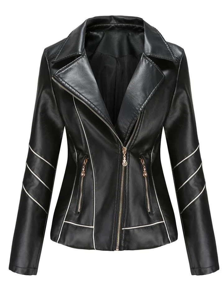 Women’s Notched Collar Side Pocket PU Leather Thin Jacket Coat