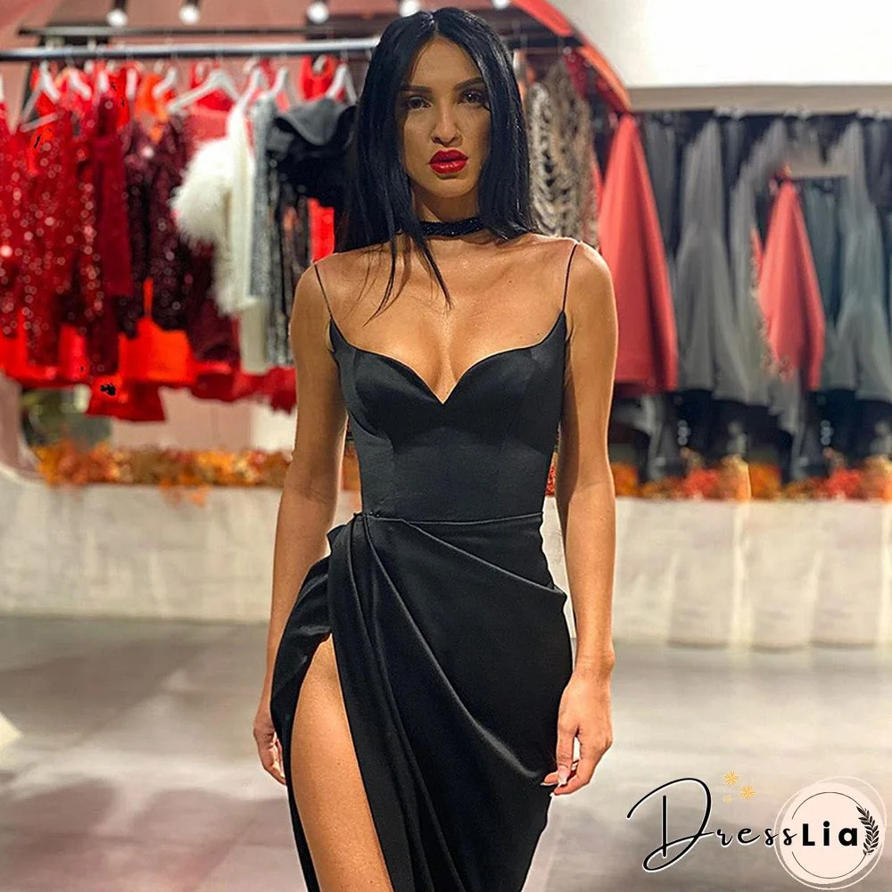 Black Silk Dress Women Sexy V-Neck Sleeveless Hight Split Hem Knee-Length Strap Dress Slim Summer Party Dresses Women