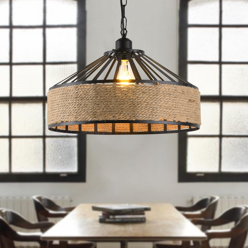 Industrial Iron Hemp Rope Chandelier Pendant Light For Dining Room
