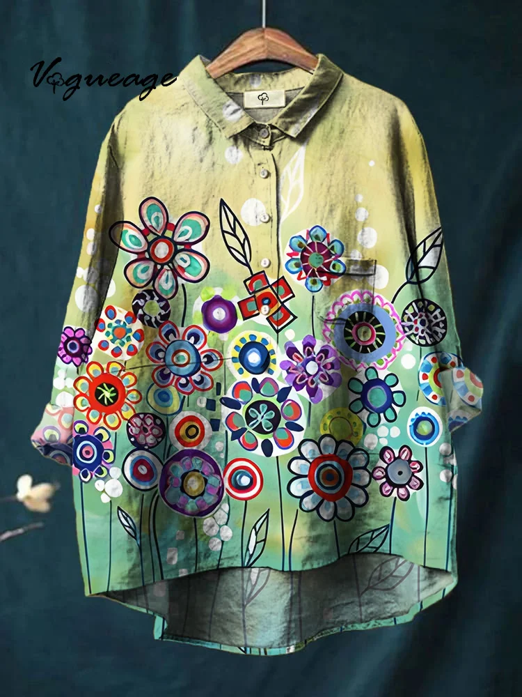 Simple Bright And Casual Flowers Printed Cotton And Linen Shirt