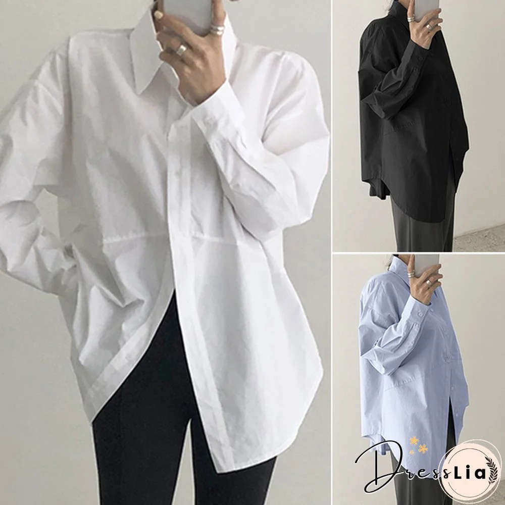 Plus Size Women's Stiff Drop Shoulder Long Sleeve Loose Spliced Shirt Versatile Blouse