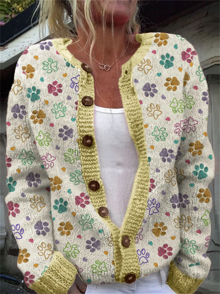 Colorful Dog Paw Pattern Cozy Cardigan Sweater