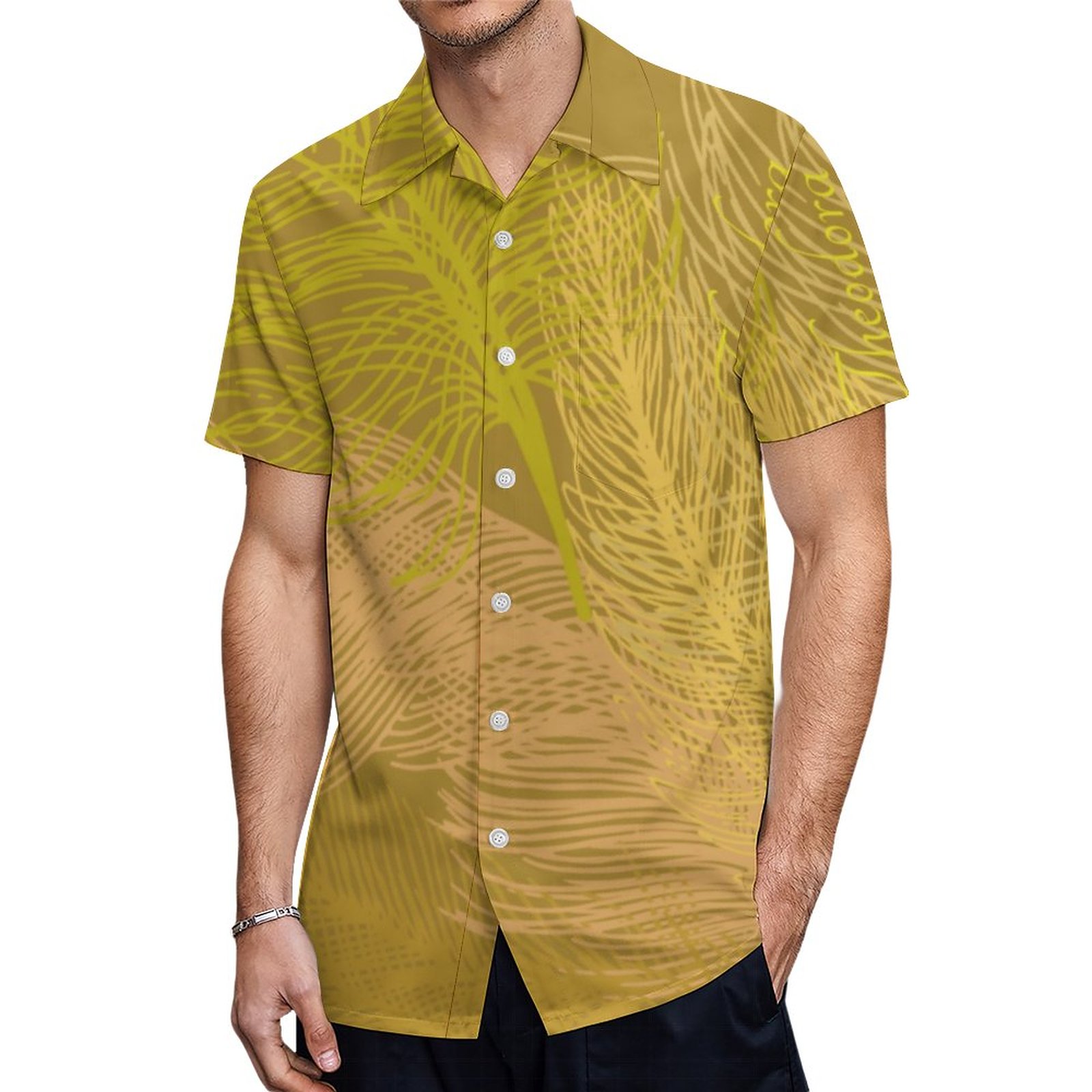 Elegant Gold Leaf Olive Background Hawaiian Shirt Mens Button Down Plus Size Tropical Hawaii Beach Shirts
