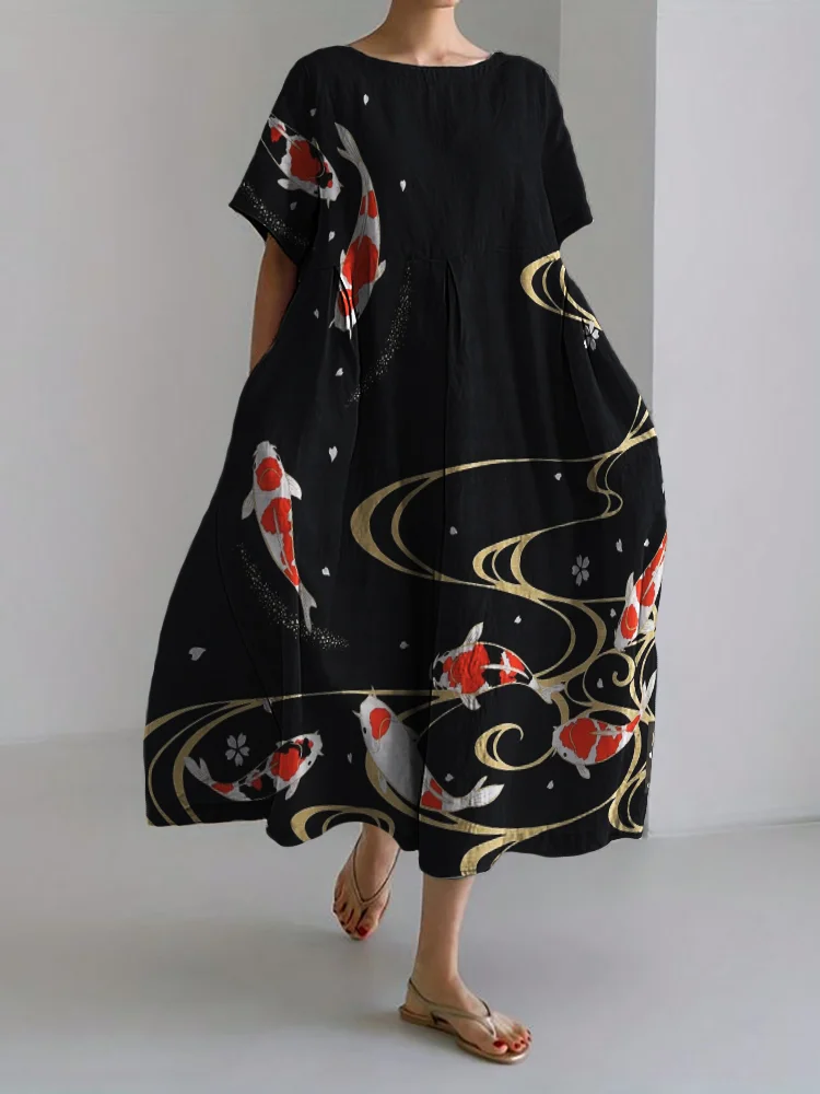 Colorful Carp Cherry Blossom Japanese Linen Blend Maxi Dress
