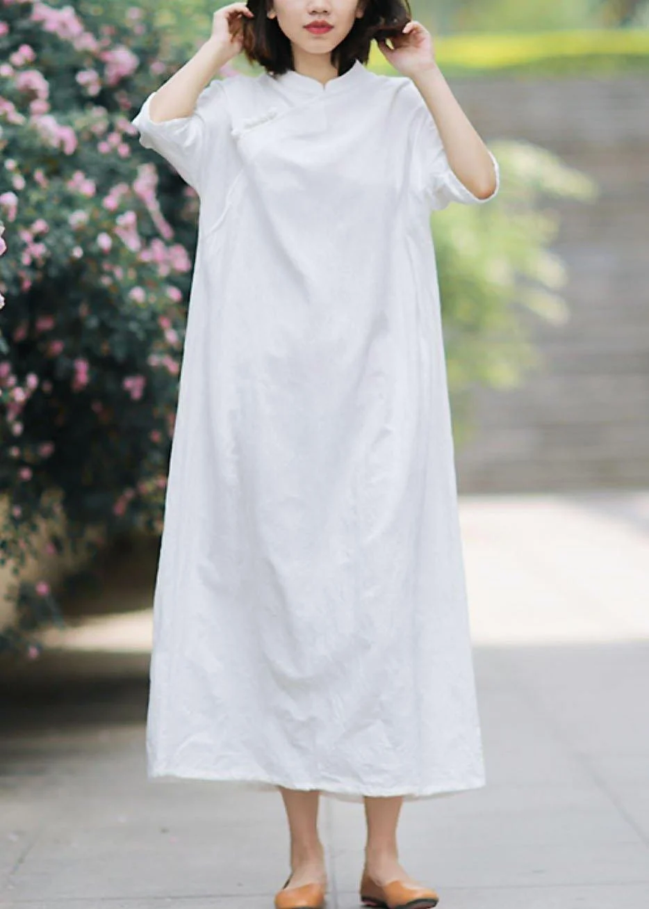 Unique stand collar half sleeve linen summerLong Shirts Tunic dress white Dress