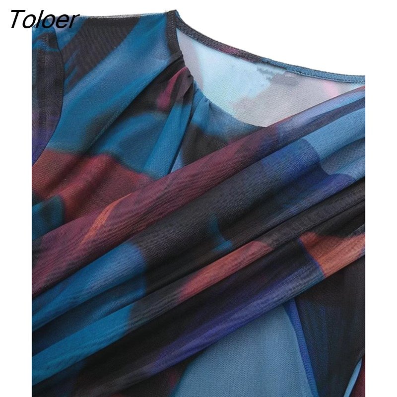 Toloer Women Vintage Double Breasted Tie Dyed Print Smock Blouse Female Pleats Design Tulle Shirt Chic Crop BlusasTops LS2678