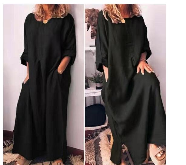 Women's Cotton and Linen Solid Color Loose Long-sleeved Dress