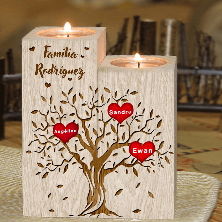 A Familia - Candelero de madera sin vela Árbol de la Vida Árbol Genealógico 3 nombres y 1 texto personalizados