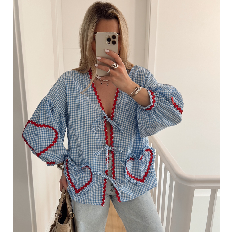 Puff sleeve Heart Plaid Printed Lace up Shirt 