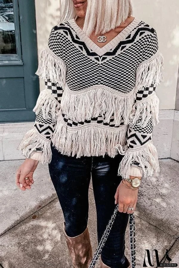 MidiSono - V Neck Long Sleeve Fringed Sweater