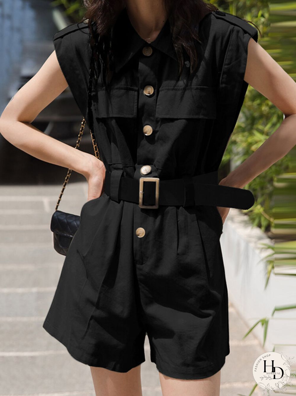 Solid Belt Pocket Button Lapel Short Sleeve Cargo Romper