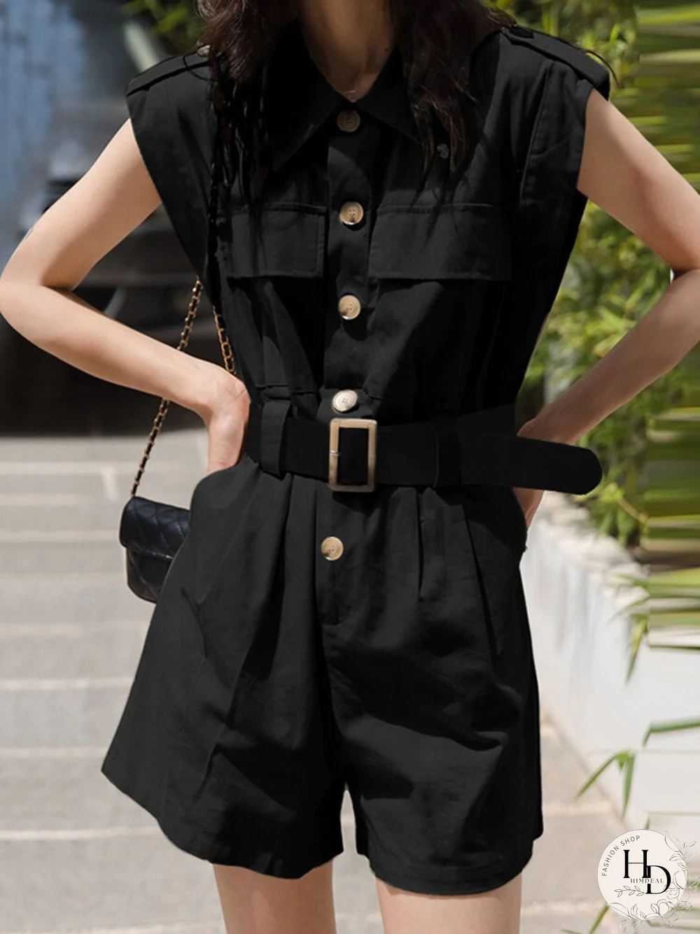 Solid Belt Pocket Button Lapel Short Sleeve Cargo Romper