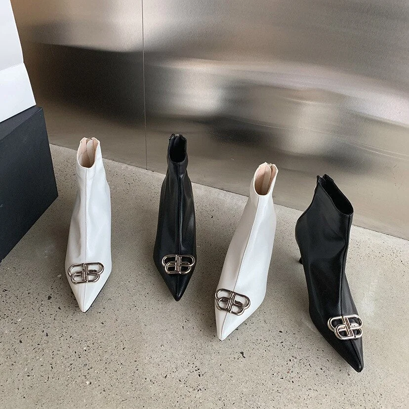 Pointed High Heel Women's White Short Boots 2021 Autumn Female Stiletto Metal Buckle Riding Boots Winter Ladies Thin Single Boot