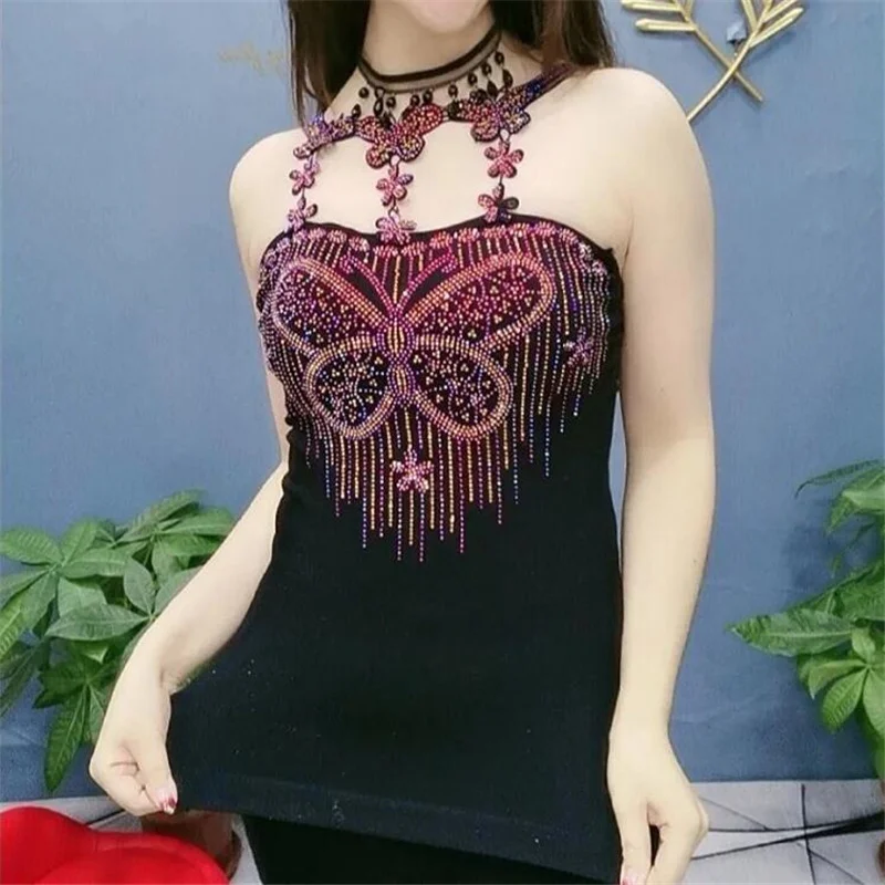 Bright Diamond Sling Tops Feminine Blouse Outer Wear Net Red Beauty Back Bottoming Camis Tees Tops  Women Butterfly Camisole