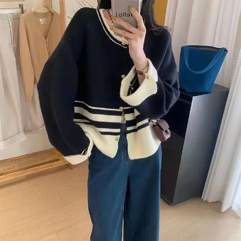 Churchf Churchf Clothing Small Fragrant Wind Stripe Spell Color Cardigan Coat Loose Cream Jacket Fashion Autumn And Winter New Knitting Cardigan Female