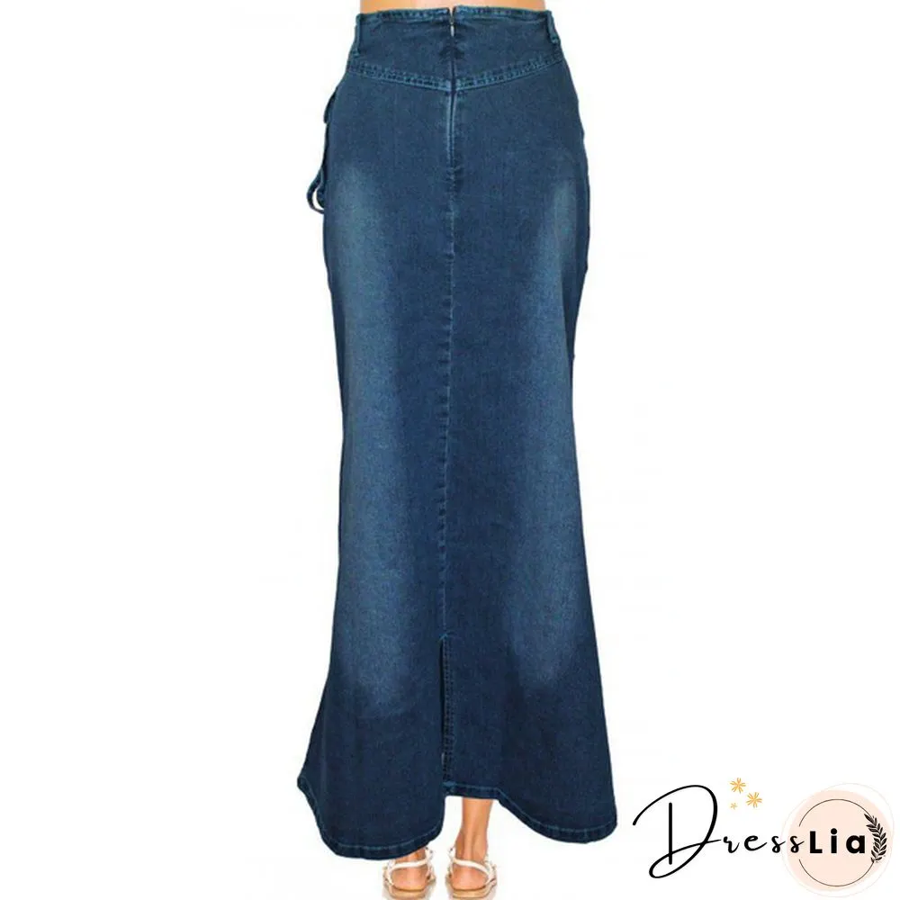 Women Fashion Casaul Stretch Cargo Denim Skirt Bell Skirt Floor Length Washed Denim Jeans Skirt Plus Size